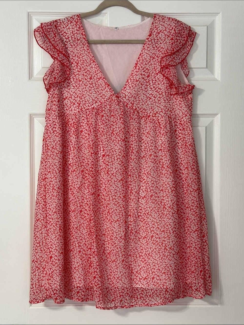 Red Floral Ruffle-Shoulder Dress